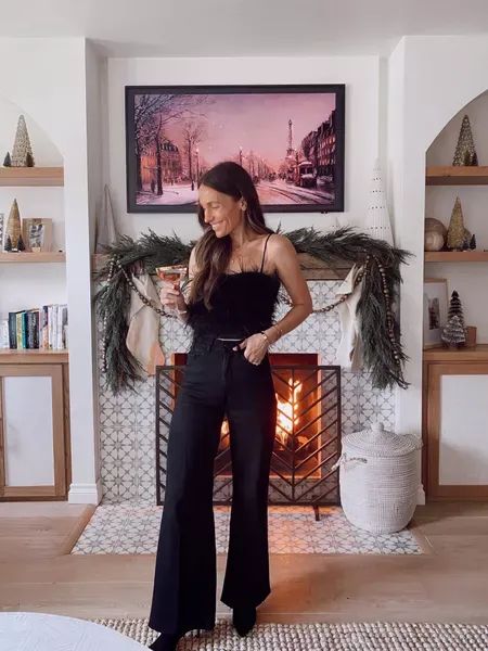 Holiday Party Outfit Black Pants, Feather Heels Outfit, Feather Top Outfit, Flared Dress Pants, Heeled Black Boots, Feather Heels, Feather Top, Feather Tops, Heels Outfits