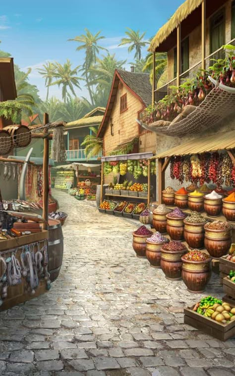 Fantasy Kingdom Concept Art, Fantasy Village Concept Art, Fantasy Setting Village, Fantasy Market, Village Concept Art, Farming Village, Mini Village, Medieval Market, Fantasy Village