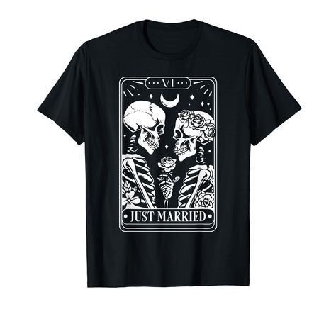 PRICES MAY VARY. Tarot Card Bride Groom Just Married Skeleton Couple Matching Halloween Wedding shirt is a great gift for women, men, couples..to celebrate halloween Lightweight, Classic fit, Double-needle sleeve and bottom hem The Lovers Skeleton, Lovers Skeleton, Bachelorette Party Matching, Skeleton Couple, Wedding Shirt, Matching Halloween, Great Gifts For Women, Wedding Shirts, Retro Tee