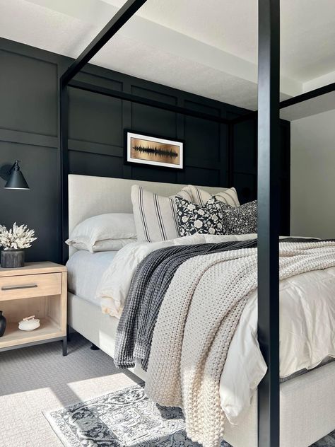 Bed from Pottery Barn Bedroom Accent Wall Paint, Black Canopy Bed, Black Accent Wall, Black Walls Bedroom, Metal Canopy Bed, Hotel Lighting, Black Accent Walls, Pinterest Room Decor, Bedroom Black