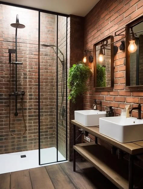 Brick Tile Shower Wall, Bathrooms With Brick Walls, Brick Shower Tile, Industrial Glam Bathroom, Brick Tile Bathroom, Brick Shower Wall, Bathroom Brick Wall, Brick Bathroom Ideas, Loft Style Bathroom