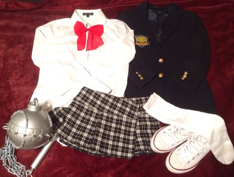 Gogo Yubari's costume.  I already had this white shirt (everybody have one in their wardrobe), knee high socks (Walmart, $1.29), bow tie (Clair's, $2.49), school patch replica (eBay, $6.42), navy blazer (eBay ,$20), plaid skirt (eBay). I'm gonna wear my white Converses but u can get plain white tennis shoes from Walmart for very cheap. Fitted White School Costume, Gogo Yubari Costume, Plaid Skirt Halloween Costume Ideas, Gogo Yubari From Kill Bill, Gogo Yubari Cosplay, Plaid Skirt Halloween Costume, Kill Bill School Uniform, Character Street Art, Horror Halloween Costumes