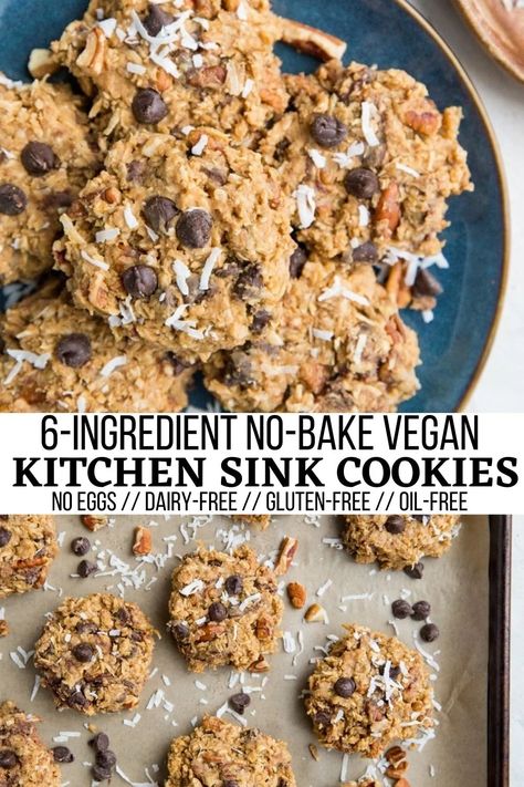 No-Bake Kitchen Sink Cookies (Vegan, Gluten-Free) - 6-Ingredient No-Bake Kitchen Sink Cookies with peanut butter, oats, shredded coconut, chocolate chips and more. Vegan, gluten-free, sugar-free Cookies With Peanut Butter, Sink Cookies, Oatmeal Flavors, Kitchen Sink Cookies, Egg Free Cookies, Peanut Butter Oats, Gluten Free Cookie Recipes, Paleo Baking, Peanut Butter Oatmeal Cookies