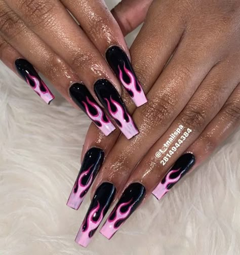 Black And Pink Fire Nails, Black And Pastel Pink Nails, Flame Nails With Rhinestones, Black Nails With Pink Flames, Black Nails Fire, Black Nails With Flame Design, Fire Nail Designs Acrylic, Fire On Nails, Black And Pink Flame Nails