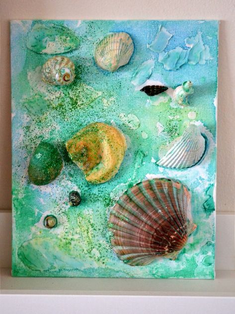 Seashell Collage Art, Seashell Collage, Kids Art Space, Play Heart, Shell Artwork, Canvas Collage, Daisy Art, Seashell Painting, Liquid Watercolor