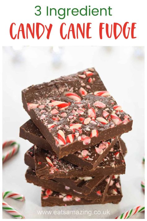 Quick and easy candy cane fudge - 3 ingredients for this easy chocolate fudge - perfect for homemade Christmas gifts Candy Cane Fudge Recipe, Candy Cane Fudge, 2 Ingredient Fudge, Chocolate Fudge Recipe, Hot Chocolate Stirrers, Easy Chocolate Fudge, Fudge Flavors, Dark Chocolate Candy, Christmas Food Treats