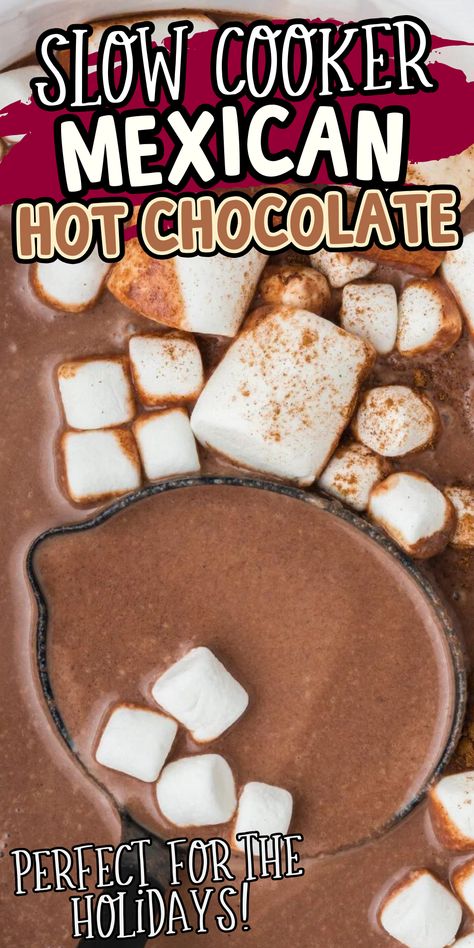 Yum flavors of the season come together in this Slow Cooker Mexican Hot Chocolate recipe. Chocolate chunks melt in the crockpot with milk, sugar, cream, and several spices for a hot chocolate mix that is absolutely delicious. - The Magical Slow Cooker Mexican Hot Chocolate Fudge, Crockpot Mexican Hot Chocolate Recipe, Crockpot Mexican Hot Chocolate, Mexican Hot Chocolate Crockpot, Mexican Hot Chocolate Mix Recipe Dry, Mexican Hot Cocoa Recipe, Haitian Hot Chocolate Recipe, Mexican Hot Chocolate Mix Recipe, Crockpot Cocoa