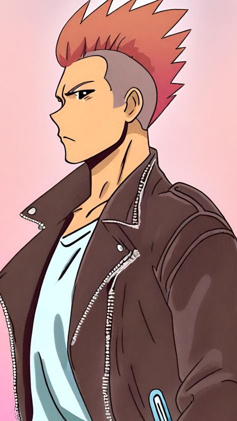 A man with Mohawk Hairstyle wearing a leather jacket, fashion editorial. Mohawk For Men, Cybernetic Arm, Mohawk Hairstyles, The Man, Anime Art, Digital Art, Leather Jacket, Anime, Leather