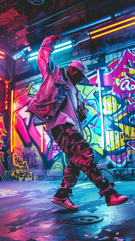 Urban Dance Vibe: A dynamic dancer shows off impressive moves against a vibrant graffiti backdrop in a street setting. #urban #dance #graffiti #neon #street #aiart #aiphoto #stockcake ⬇️ Download and 📝 Prompt 👉 https://ayr.app/l/MLX9 Hip Hop Dance Photography, Street Dance Photography, Dance Graffiti, Graffiti Photoshoot, Neon Backdrop, Graffiti Backdrop, Neon Street, Dance Street, Neon Graffiti