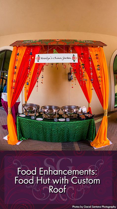 Food Enhancements. Food Hut with Custom Roof. -------- #decorbysuhaaggarden #suhaaggarden#stylingwithjilna #ceremony #accessories #photobooth #southasianwedding #indianwedding #garbadecor #garba #garbanight #sangeetdecor #mehndidecor #preweddingdecor #weddingdesigner #luxurywedding #elegantwedding #customroof #acryliccubes #favorcart #decorativecubes #floralpeacock #foodhut #floridaweddings #tampaweddings #orlandoweddings #colorfuldrapes #foodcart Stall Decoration Ideas, Stall Decorations, Food Fest, China Food, Wooden Food, Mehndi Decor, Wedding Backdrop Decorations, Food Stall, Pop Up Event