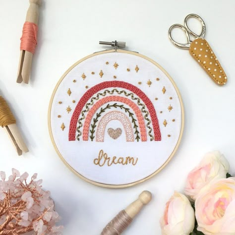 Rainbow Embroidery, Embroidery Rainbow Ideas, Boho Rainbow Embroidery, Embroidered Rainbow, Embroider Rainbow, Pastel Rainbow Embroidery, Hand Embroidery Rainbow Pattern, Chain Stitch Rainbow Embroidery, Couching Stitch