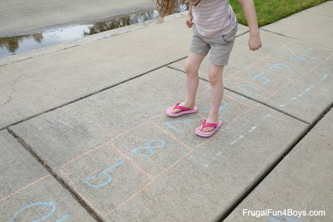 Sidewalk Chalk Math Games - Frugal Fun For Boys and Girls Math Chalk Games, Counting By 2, Counting Coins, Number Sequence, Fun Math Activities, Skip Counting, Math Time, Math Books, Sidewalk Chalk