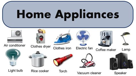 Electronics Home Appliances List Lamp Refrigerator Microwave Light bulb Water purifier Mixer Electric drill Washing machine Coffee maker Clothes dryer Evaporative cooler Kitchen hood Rice cooker Kettle Lantern Pressure cooker Bachelor griller (U.K) Television Dishwasher Speaker Electric fan Stove Oven Vacuum cleaner Toaster Clothes iron Blender Torch Electric guitar Crock pot Air conditioner Must Learn: … Electronics Home Appliances List Read More » Home Appliances List, Learn Electronics, Appliance Logo, Clothes Iron, Kitchen Hood, Evaporative Cooler, Kitchen Hoods, Clothes Dryer, Stove Oven