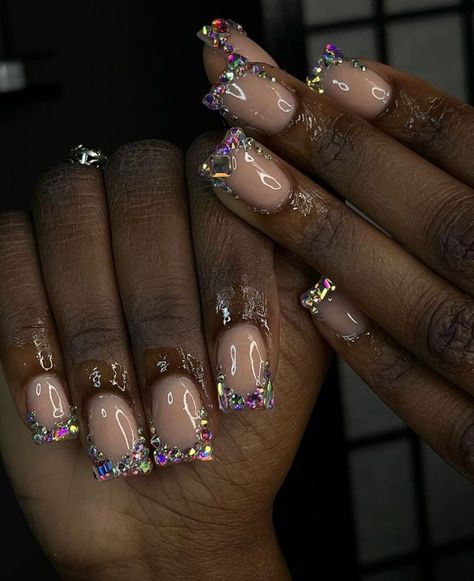 Short Diamond French Tip Nails, Silver Bling Nails, Prom 2k24, Gold Acrylic Nails, Short Acrylics, Acrylic Nail Set, Hard Nails, Duck Nails, Light Nails