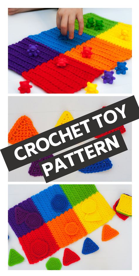 Quick and easy crochet toy pattern great for teaching kids their shapes and colors. This pattern works up quickly using just a little yarn from your stash. Crochet Around The House, Crochet Play Mat Free Pattern, Crochet Toys For Toddlers, Crochet Toys Free Patterns Easy, Crochet Games Patterns Free, Crochet Montessori Toys, Crochet Sensory Toys, Crochet Kids Toys, Crochet Games