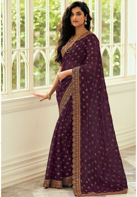 Purple Art Silk Party Wear Saree Dark Purple Saree, Purple Saree, Latest Designer Sarees, Embroidered Saree, Ready To Wear Saree, Half Sleeve Blouse, Art Silk Sarees, Zari Work, Purple Silk