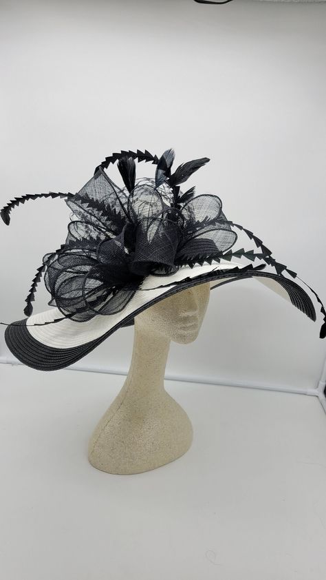 Beautiful Large Black and White Hat. Large brim. Black Wedding Hat,  Fascinator Bridesmaids Hat Kentucky Derby, Cocktail Party, Tea Party, funeral - 23 inches head and 60 inches brim - Rare find - Ready to ship - Fast Shipping - Free Shipping - Group discount available - Customize by adding different color flowers and or feathers Check my store for for styles and colors.  Hatsandpearls.etsy.com Find more at my website for more styles: www.hatsandpearls.com  Reach out to me if you can't find what White Derby Hat, Kentucky Derby Women, Black And White Accessories, Kentucky Derby Outfit, Big Hats, Stylish Womens Hats, Black And White Hats, Hat Tea Party, Fancy Fits