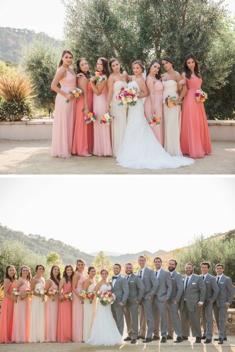 Love the Ombre affect? We are obsessed with this pink and peach ombre bridal party! Get more ombre wedding ideas in the blog post #modernweddings #ombre #weddinginspiration Different Dresses Same Color Bridesmaid, Shades Of Coral Bridesmaid Dresses, Ombre Wedding Party, Ombre Bridal Party, Pink Coral Bridesmaid Dresses, Pink Ombre Bridesmaid Dresses, Shades Of Peach Bridesmaid Dresses, Shades Of Pink Bridal Party, Pink And Peach Bridesmaid Dresses