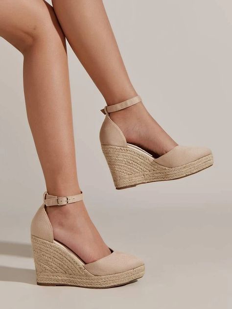 Ankle Strap Espadrille Suede Wedge Court Shoes | SHEIN Wedge Heels Outfit, Closed Toe Wedges, Cute Ankle Boots, Women Wedges, Nude Wedges, Beige Heels, Heels Outfits, Stunning Shoes, Ankle Strap Wedges