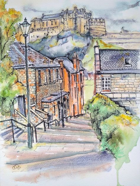 Edinburgh Painting, Track Painting, Watercolour Houses, Landscape Watercolour, Higher Art, Paris Painting, Sketchbook Inspo, City Drawing, Scottish Castles