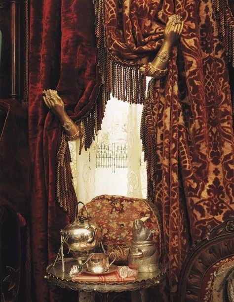 Drapes Victorian Interiors, Red Curtains, Victorian Decor, Victorian Home, Fortune Teller, Velvet Curtains, Gothic House, Victorian Homes, Old World