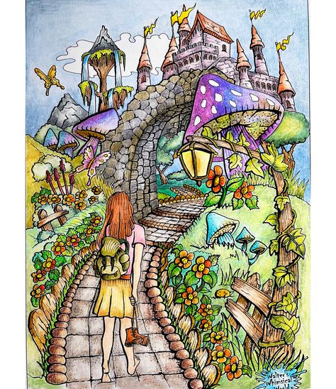 Shelby exploring a fantasy world in my dreams 😃🍄 a pdf from Walter Whimsy Etsy shop. Used Holbein, Brutfuner, Luminance, Lightfast pencils, Primrosia watercolor markers. Fantasy World Drawing, World Drawing, Colored Pencil Drawing Techniques, Watercolor Markers, In My Dreams, Fantasy Drawings, Coloring Inspiration, Romantic Country, Colored Pencil Drawing