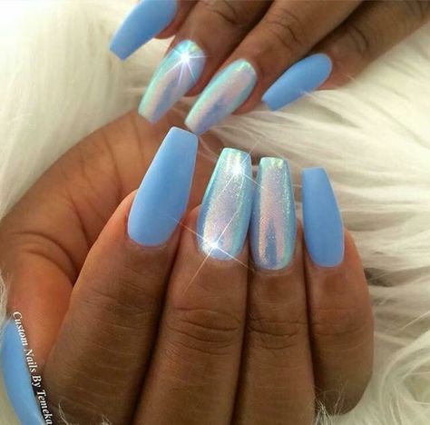 Glossy & Matte Combo Nails Her Nails, Nails Blue, Nail Envy, Blue Nail, Holographic Nails, Coffin Nails Designs, Fancy Nails, Nail Polishes, Chrome Nails