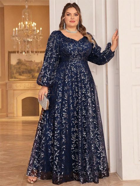 Plus Size Ditsy Floral Lantern Sleeve Long Formal Evening Dress Navy Blue Party  Long Sleeve Knitted Fabric Colorblock,Plants,All Over Print A Line Slight Stretch All Weddings & Events, size features are:Bust: ,Length: ,Sleeve Length: Plus Size Formal Dresses Long, Plus Size Party Dresses For Wedding, Plus Prom Dresses, Grandma Dress, New Look Clothes, Floral Lantern, Navy Blue Party, Fabric Plants, Wedding Guest Gowns