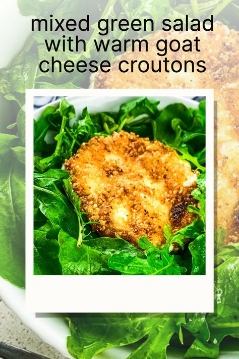 A recipe for success. That's exactly what this mixed green salad with warm goat cheese croutons delivers! INGREDIENTS Goat Cheese Croutons: 1 8-oz. goat cheese log, room temperature 2 large egg whites, lightly beaten ½ c. Panko breadcrumbs ½ c. vegetable or coconut oil Salad: 4 c. mixed salad greens 3 T. quality extra virgin olive oil 2 T. aged balsamic vinegar Sea salt and black pepper, to taste Optional: 4 whole fresh strawberries, for garnish Mixed Green Salad, Five Course Meal, Cheese Croutons, Salad Mixed Greens, Recipe For Success, Keto Side Dishes, Clean Cooking, Hearty Dinner, Wellness Recipes