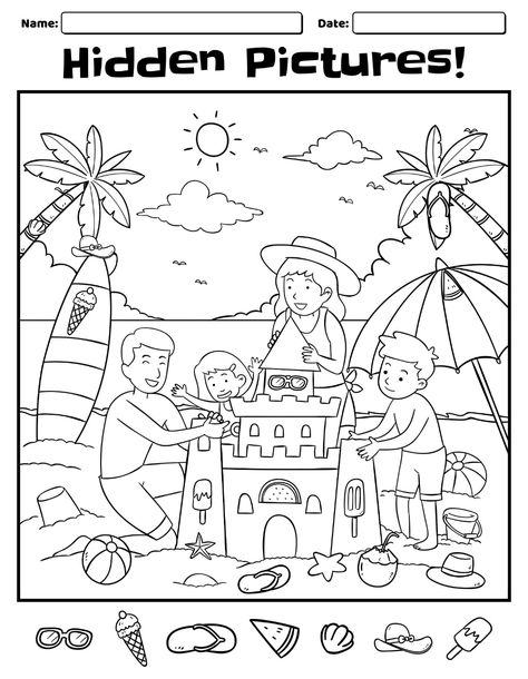 beach hidden pictures printable - Pesquisa Google Worksheet For Preschoolers, Hidden Pictures Printables, Hidden Picture Games, Hidden Picture Puzzles, Beach Coloring Pages, Visual Perception Activities, Cognitive Activities, Mario Coloring Pages, Hidden Object Games