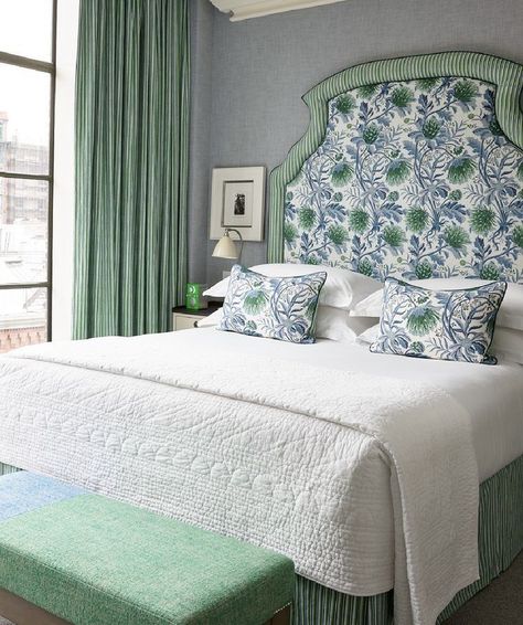 Headboard Inspiration, Bed Valance, Bed Stool, Kit Kemp, Head Boards, Palm Beach Style, Transitional Bedroom, River Basin, Patterned Bedding