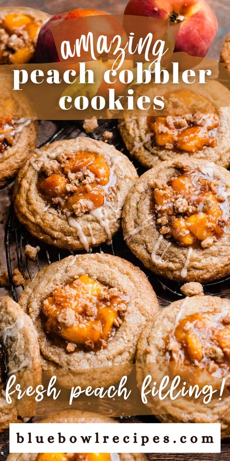 Peach Cobbler Cookies, Cobbler Cookies, Peach Filling, Spiced Cookies, Peach Cookies, July Recipes, Vanilla Glaze, Lost 100 Pounds, Gourmet Cookies