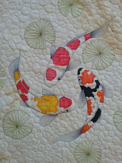 Koi Fish Quilts, Koi Pond Quilt, Koi Fish Quilt Pattern, Koi Quilt, Koi Fish Lily Pads, Koi Fish Pattern, Boat Quilt, Japanese Quilt Patterns, Wall Quilt Patterns