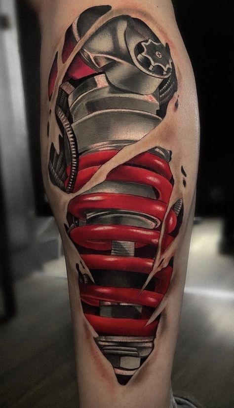 Car Related Tattoos For Men, Shock Tattoo, Skin Tear Tattoo, Biomech Tattoo, Tato 3d, Biomechanical Tattoo Design, Robot Tattoo, Redemption Tattoo, Mandala Hand Tattoos