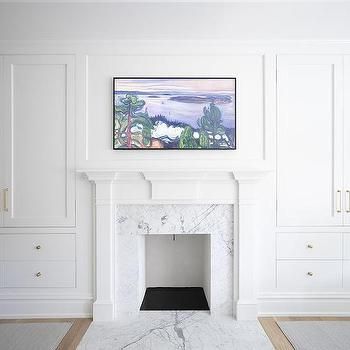 Fabric Paneled Closet Doors - Contemporary - Bedroom Grey Grasscloth Wallpaper, White Fireplace Mantels, White Stone Fireplaces, Floating Fireplace, Bedroom Built Ins, Bedroom Built In Wardrobe, Bedroom With Sitting Area, Built In Dresser, Dresser Design