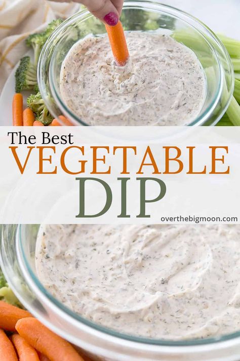 This is the BEST Vegetable Dip out there - the flavor is perfection! Serve with some fresh, crisp vegetables as a side or an appetizer! From overthebigmoon.com #veggiedip #vegetabledip #appetizer #vegetables #vegetabledipappetizer Best Vegetable Dip, Easy Vegetable Dip, Best Veggie Dip, Veggie Dip Recipe, Vegetable Dips, Vegetable Dip, Vegetable Tray, Easy Vegetable, Dip Recipes Easy