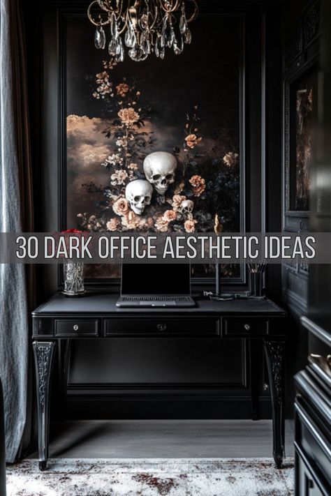 A modern gothic workspace featuring a black desk with intricate detailing, a dramatic floral skull artwork, and a crystal chandelier, offering moody office inspiration for a dark office aesthetic and home office ideas dark academia with a focus on dark and moody office modern design. Elegant Dark Home Office, Moody Office Inspiration Cozy, Moody Home Library Office, Dark Craft Room, Gothic Office Ideas, Moody Craft Room, Black Desk Home Office, Dark Purple Office, Home Office Ideas Dark