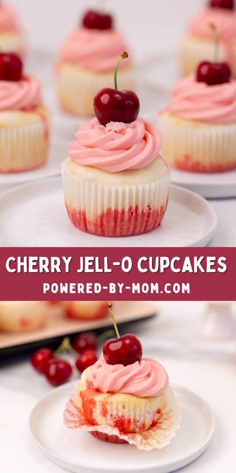 We love sharing easy but yummy recipes like this Cherry Jell-O Poke Cupcakes! All you need is cake mix, strawberry Jell-O and some whipped frosting! Get the recipe now! Jello Cake Cupcakes, Poke Cupcakes, Frosting From Scratch, Orange Icing, Cherry Cupcakes, Jello Cake, Whipped Frosting, Filled Cupcakes, Cupcake Flavors