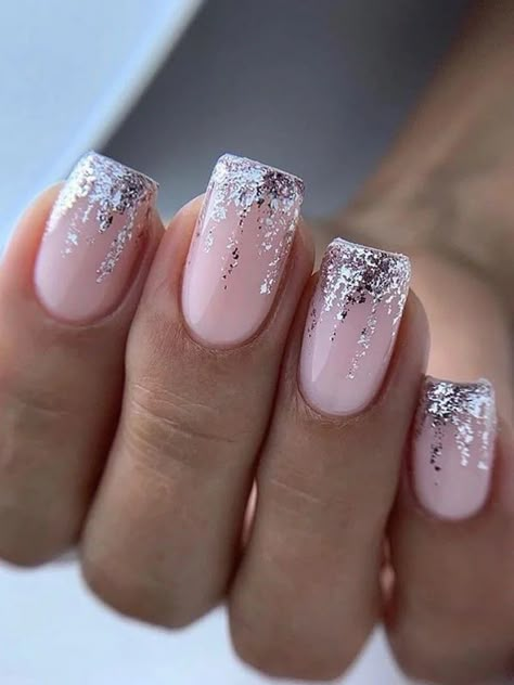 Square Nail, French Manicure Nails, Sparkle Nails, Pink And Silver, New Year's Nails, Dipped Nails, Elegant Nails, Xmas Nails, Classy Nails