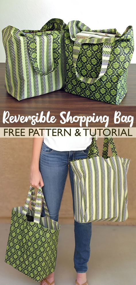 Reversible Shopping Bag Tutorial & Pattern Sew Shopping Bag Free Pattern, Quilted Purses And Bags Free Pattern, How To Make Shopping Bags, Sew A Grocery Bag, Diy Fabric Bags Totes, Market Bag Sewing Pattern Free, Free Grocery Bag Patterns To Sew, Sewing Gift Bags How To Make, Pattern For Shopping Bag