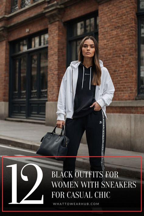 Dive into these 12 comfy black outfits that look amazing with sneakers. Perfect for a day out or cozy days in, these outfits keep you stylish and relaxed. #ComfyOutfits #SneakerChic #BlackFashion White And Black Sneakers Outfit, Black Outfits With Sneakers, Dad Sneaker Outfits Women, Comfy Black Outfits, Dad Sneakers Outfit, Black Sneakers Outfit, Black Outfits For Women, Outfits With Sneakers, Chic Black Outfits