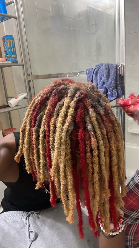 High Top Dreads Dyed, Multi Colored Locs Men, Red And Blonde Dreads Men, Red And Blonde Locs Men, Dread Color Combos, Died Dread Locks, Dread Colors Men, Loc Dye Ideas Men, Pink Dreads Men