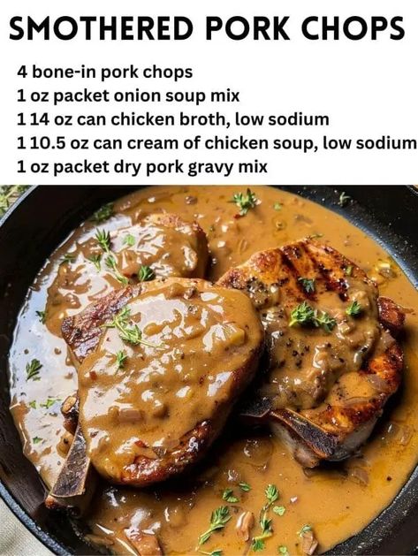 Smothered Pork Chops – Recipecs Smothered Pork Chops Crock Pot, Smothered Pork Chops Recipe, Bone In Pork Chops, Pork Gravy, Smothered Pork, Pork Chop Dinner, Slow Cooker Pork Chops, Slow Cooked Meat, Smothered Pork Chops