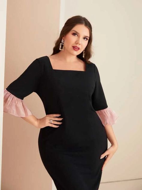 SHEIN Plus Contrast Flounce Sleeve Mermaid Hem Dress Without Belt | SHEIN USA Flounce Sleeve, Hem Dress, Plus Size Dresses, Mermaid, Mini Dress, Plus Size, Free Shipping, Dresses