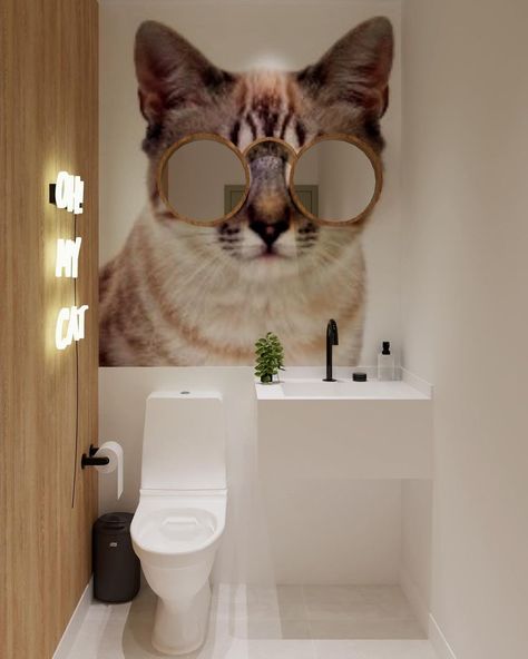 Creative Home Ideas - A very cool bathroom to welcome the owners of dogs and cats and this time, they highlight the image of the cat. To relax they used the neon "OH MY CAT!" on the wall and the mirrors were shaped like glasses to compose the adhesive image of the cat on the wall ... vey cool ~.~ Cat Bathroom Mirror, Cat Mirror Bathroom, Cat Bathroom Ideas, Cat Toilet Ideas, Pet Store Design, Cat Mirror, Cat Bathroom, Cool Bathroom, Dog Restaurant