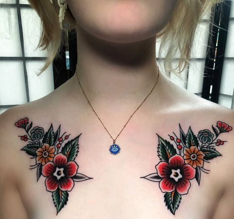 American Traditional Symmetrical, Traditional Flower Collar Bone Tattoo, Alt Collar Bone Tattoo, Neo Traditional Collar Bone Tattoo, Trad Flowers Tattoo, Chest Tattoo Female American Traditional, Chest Tattoo Traditional Women, Traditional Flower Neck Tattoo, Trad Collar Bone Tattoo