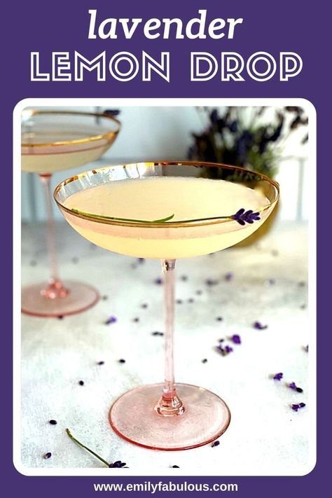 This Lavender Lemon Drop Cocktail is a beautiful and flavorful drink made with fresh lemon juice and lavender syrup. This vodka cocktail is perfect for parties, brunch, or happy hour! The classic lemon drop is made with vodka, lemon juice, and simple syrup. It’s a classic because it has the perfect balance of sweet and sour and it’s pretty easy to make. This lavender version of the classic cocktail uses homemade lavender simple syrup instead of regular simple syrup. Uses For Lavender Syrup, Lavender Syrup Uses, Drinks With Lavender Syrup, Drinks Made With Lavender Syrup, Lemon And Lavender Wedding, Cocktails With Lavender Syrup, Lavender Syrup Cocktails, Lemon Lavender Cocktail, Lemon Lavender Martini