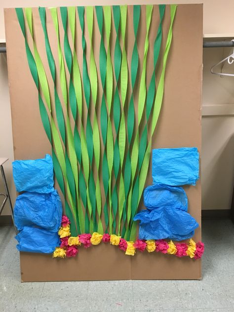 Seaweed wall for VBS. Crepe paper seaweed, tissue paper water, tissue paper coral. Seaweed Bulletin Board, Coral Reef Tissue Paper, Paper Seaweed, Plastic Tablecloth Seaweed, Paper Coral, Coral And Seaweed, Rainbow Fish, Sea Theme, Crepe Paper