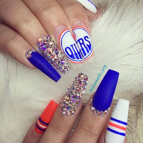 GOOO OILERSSSSSS!!!!!!!!! @Edmontonoilers @mcdavid97 #workwithLOVE #yegnails #oilers #hockey #stanleycup #playoffs# #780nails#edmontonnails#yeg#780#yyc#yvr#yycnails#yvrnails#nailprodigy#nailitdaily#tmblrfeature#thenaillife#nailswag#bling#cute#love#fun#vegasnails#nailsonfleek#naillife#nailpro#nailsmagazine Oilers Nails, Dodger Nails, Hockey Nails, Pedicure Designs Toenails, Oilers Hockey, Nails 2018, Pedicure Designs, Get Nails, Nail Inspiration