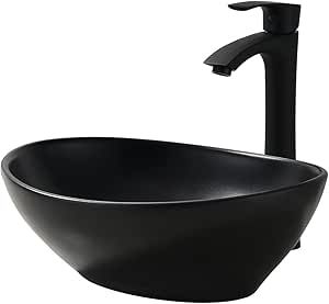 Black Oval Bathroom Sink with Faucet and Drain Combo - VASOYO 16"x13" Matte Black Bathroom Vessel Sink Above Counter Oval Porcelain Ceramic Bathroom Vessel Vanity Sink, Faucet and Drain Combo Sink Above Counter, Black Vessel Sink, Black Bathroom Sink, Matte Black Bathroom, Ceramic Bathroom, Vessel Sink Bathroom, Black Bathroom, Vessel Sink, Vanity Sink